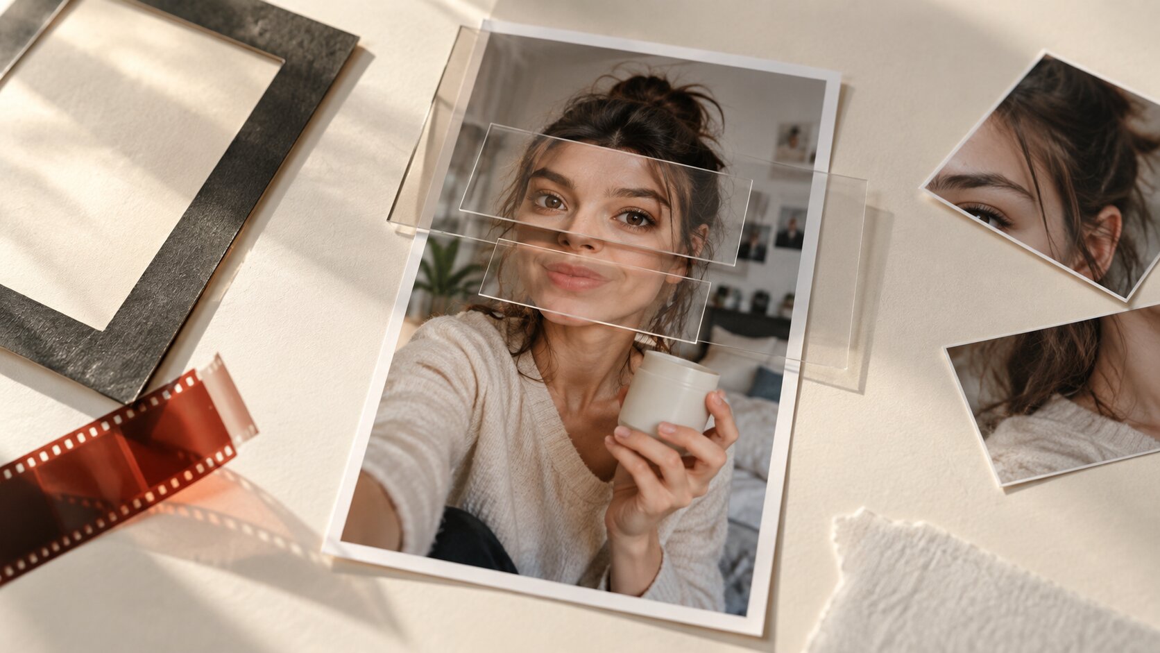 A casual creator-style portrait is physically assembled from a photographic print and transparent facial layers, revealing how an apparently authentic UGC ad can be constructed.