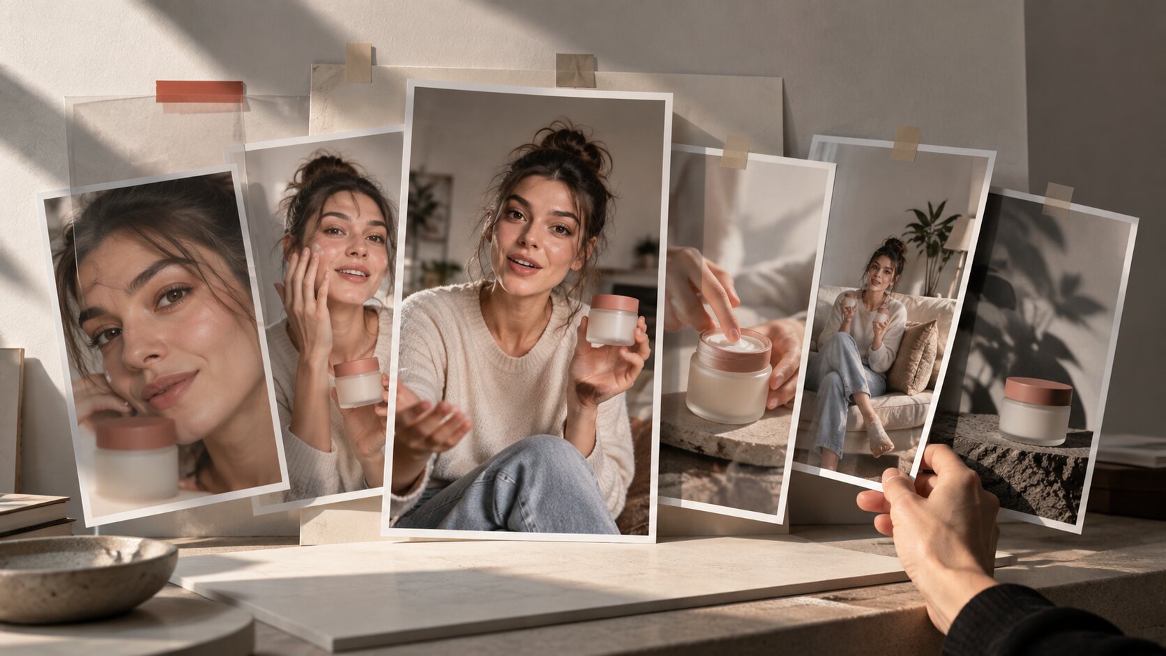 Several vertical creator-style ad photographs branch from one original image into different hooks, demonstrations, and visual treatments while preserving the same campaign idea.