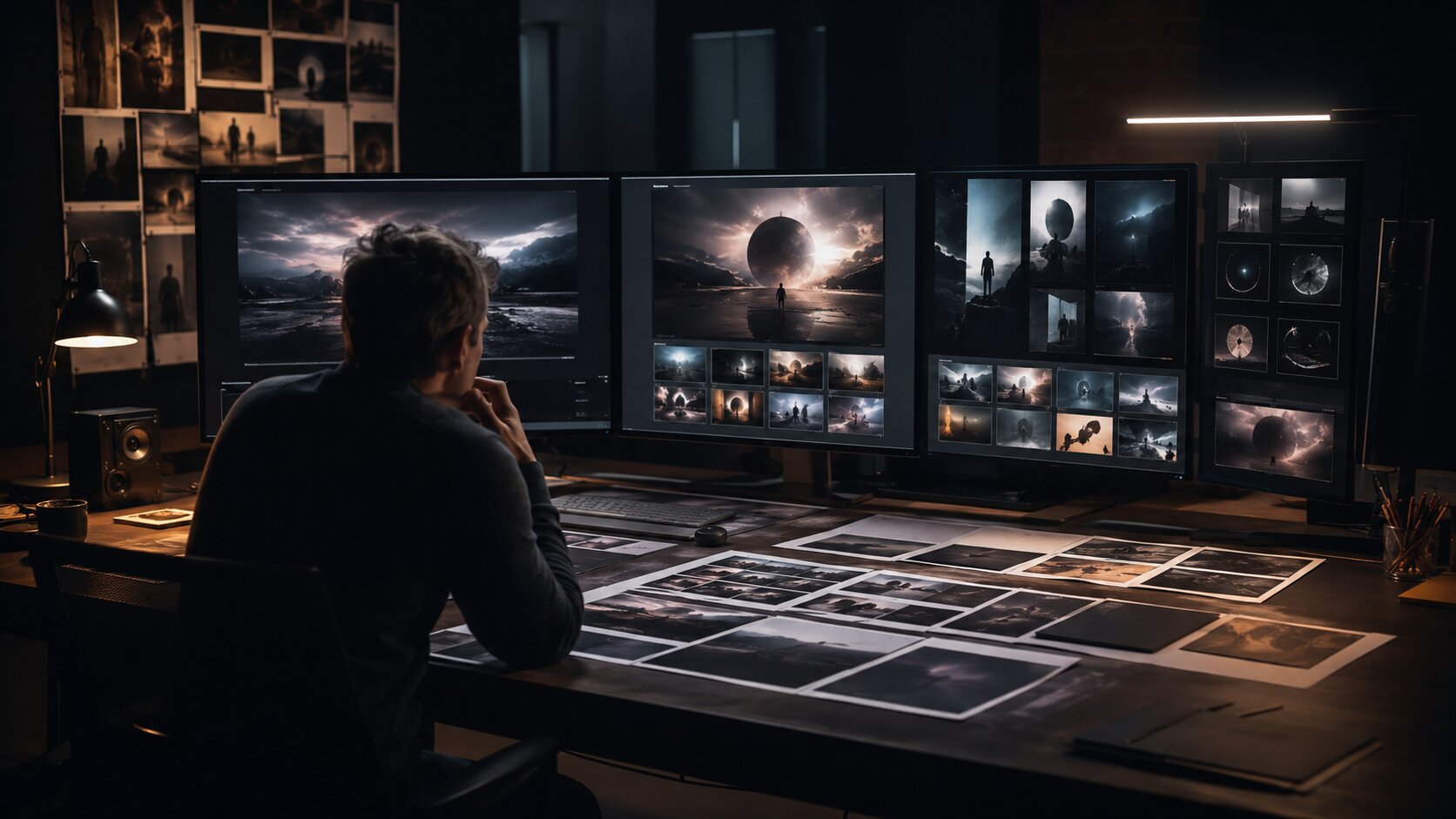Creative director refining AI-generated visuals into a consistent asset system for a music campaign