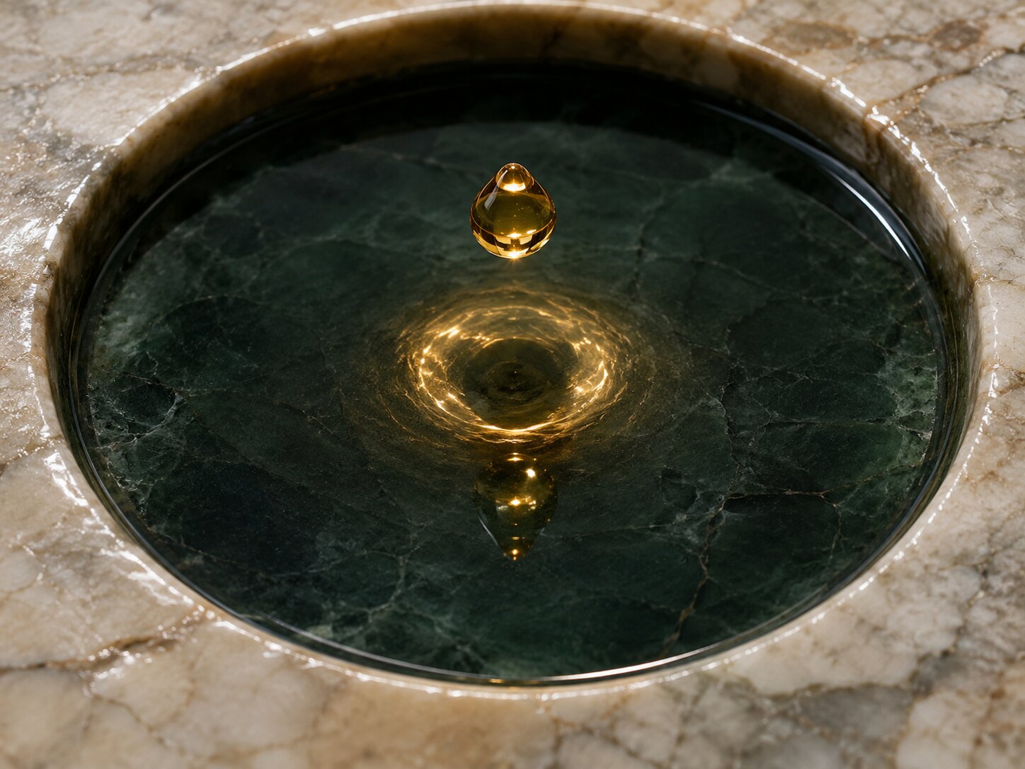 An amber droplet creating visible value before contact with a dark liquid surface