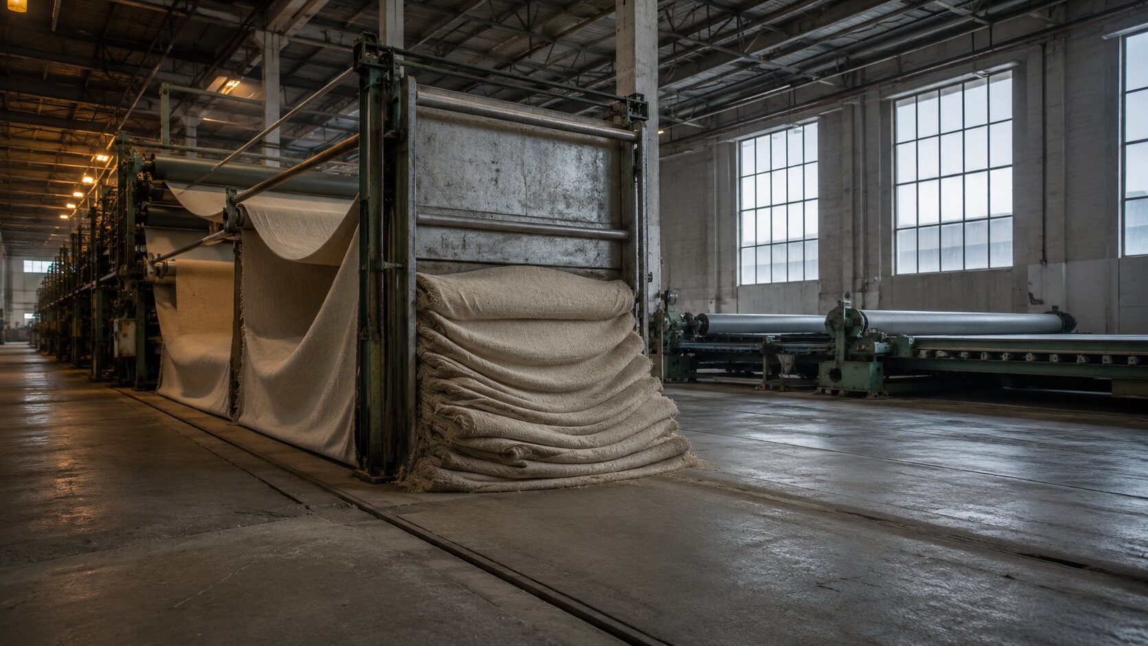 A continuous woven sheet buckles behind a closed inspection gate while the downstream production line remains empty, representing an approval bottleneck that blocks an otherwise functioning creative workflow.