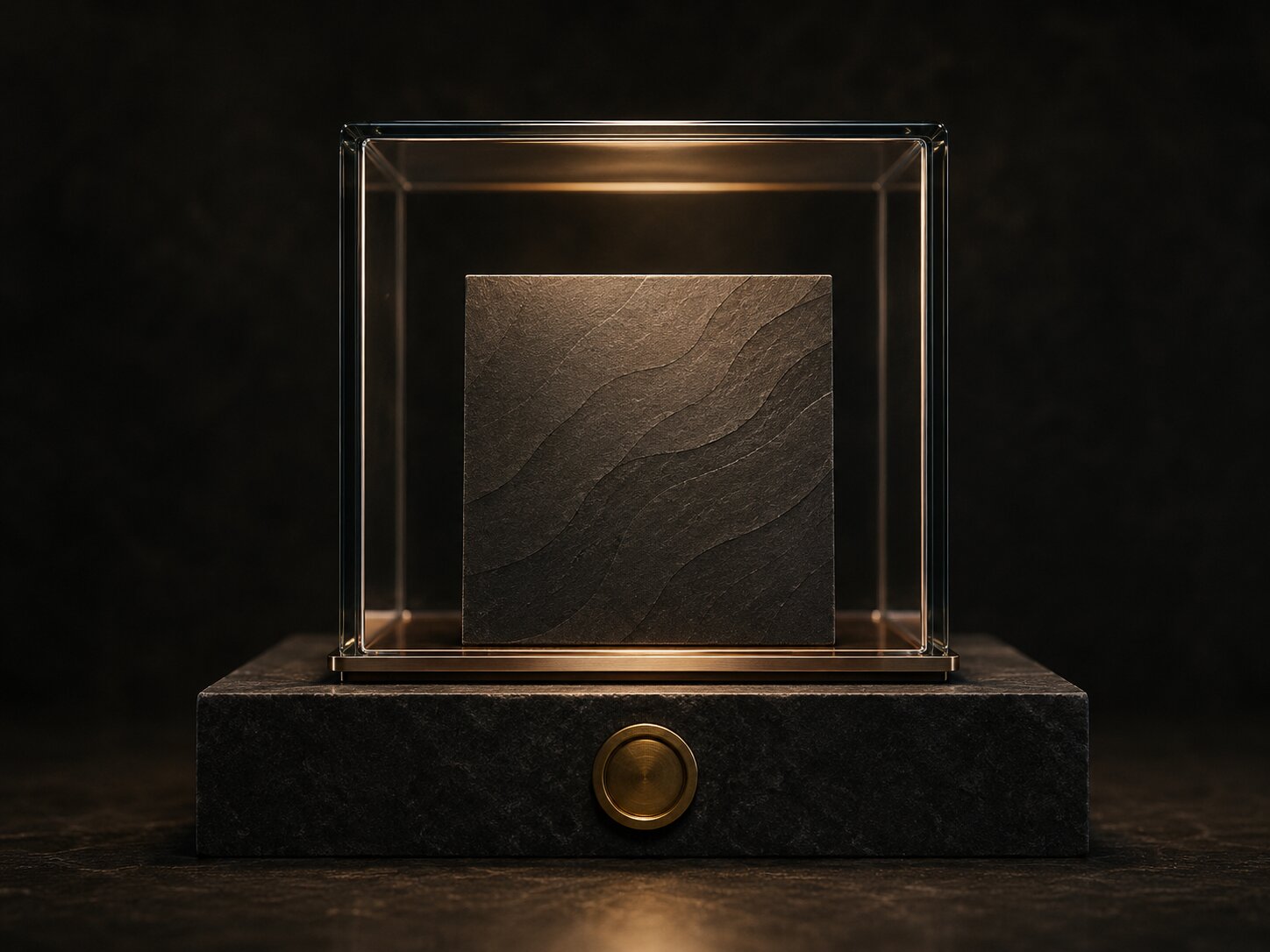 A single approved AI asset symbolically sealed inside a glass vault