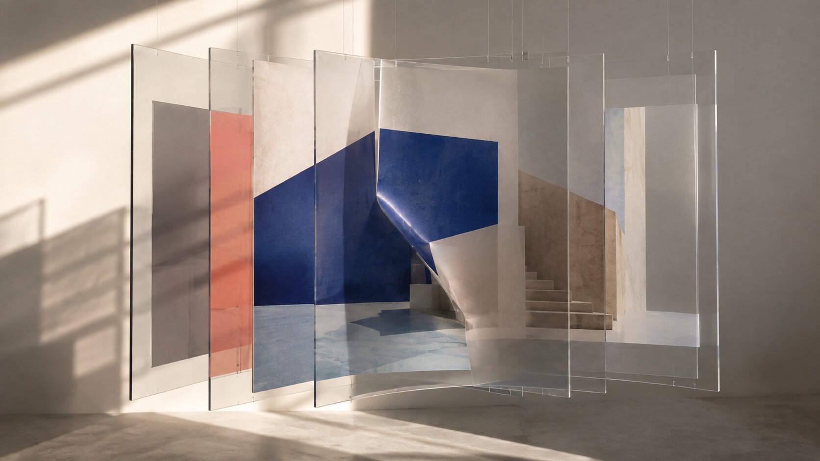 A pristine campaign image hangs in layered translucent sheets while one fragile inner layer buckles and distorts the otherwise polished composition.