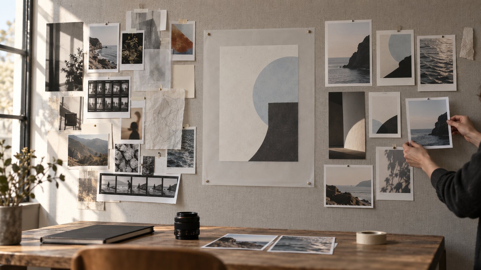 A creative studio wall shows scattered campaign materials being reorganized around one newly introduced central visual idea before any finished product interface appears.