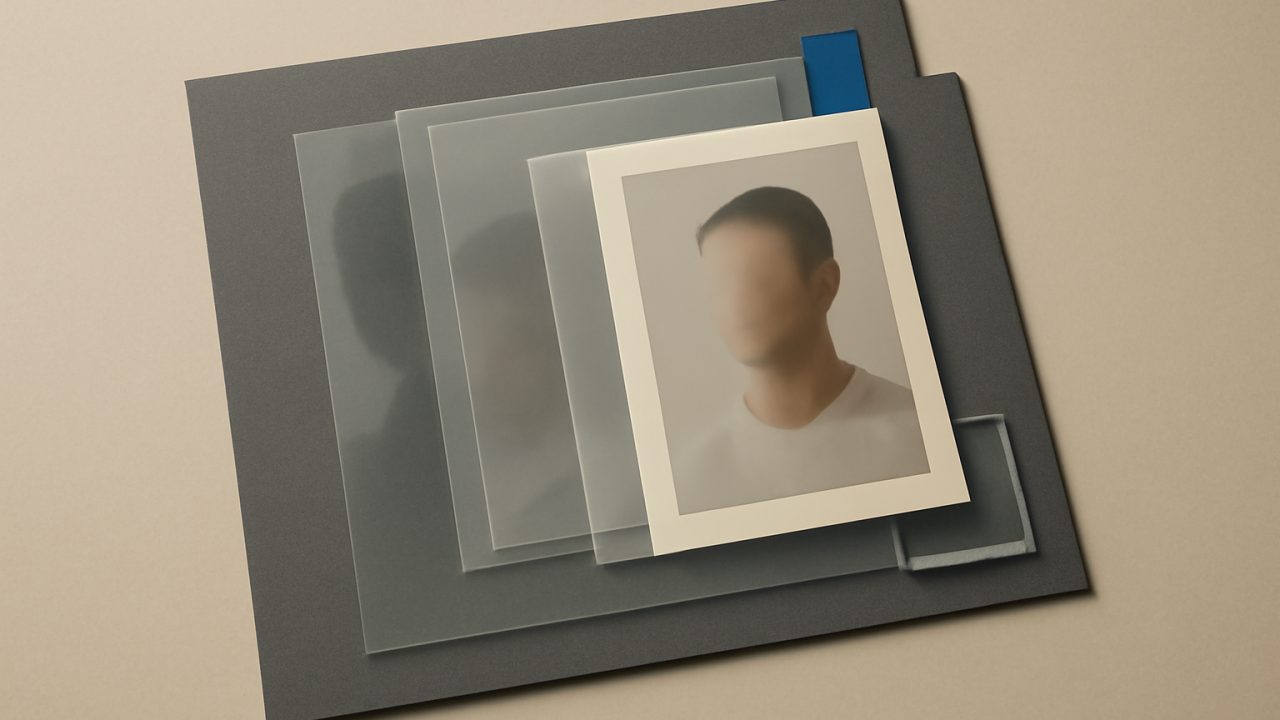 Overhead portrait selection tray showing everyday photos handed through layered sleeves into a refined headshot