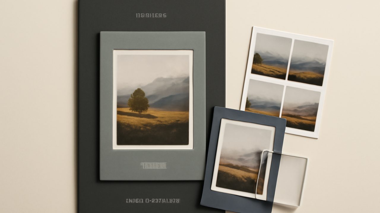 Top-down nested sleeves and contact proofs staging an upscaled image for campaign production