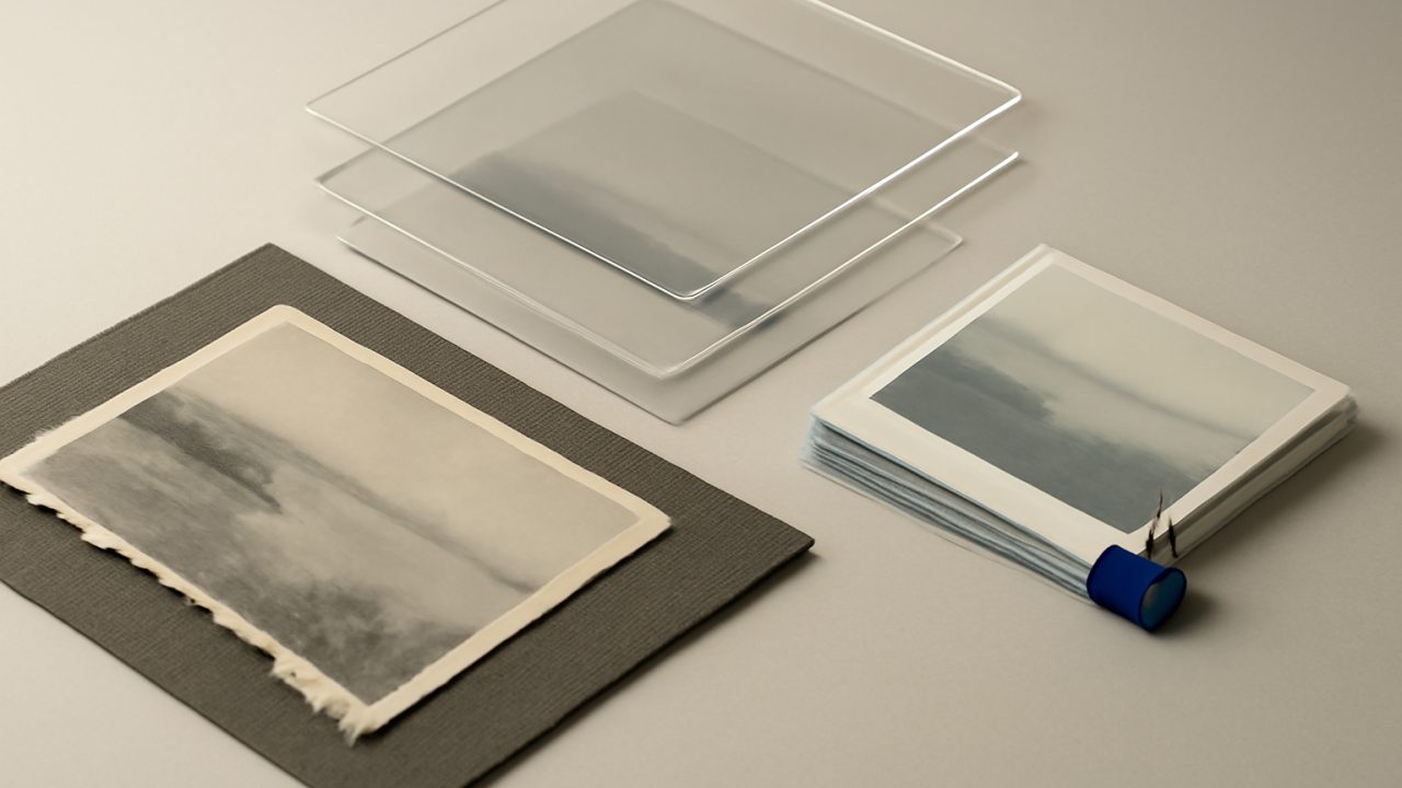 Layered proof sheets revealing the repair of a blurred and damaged photograph