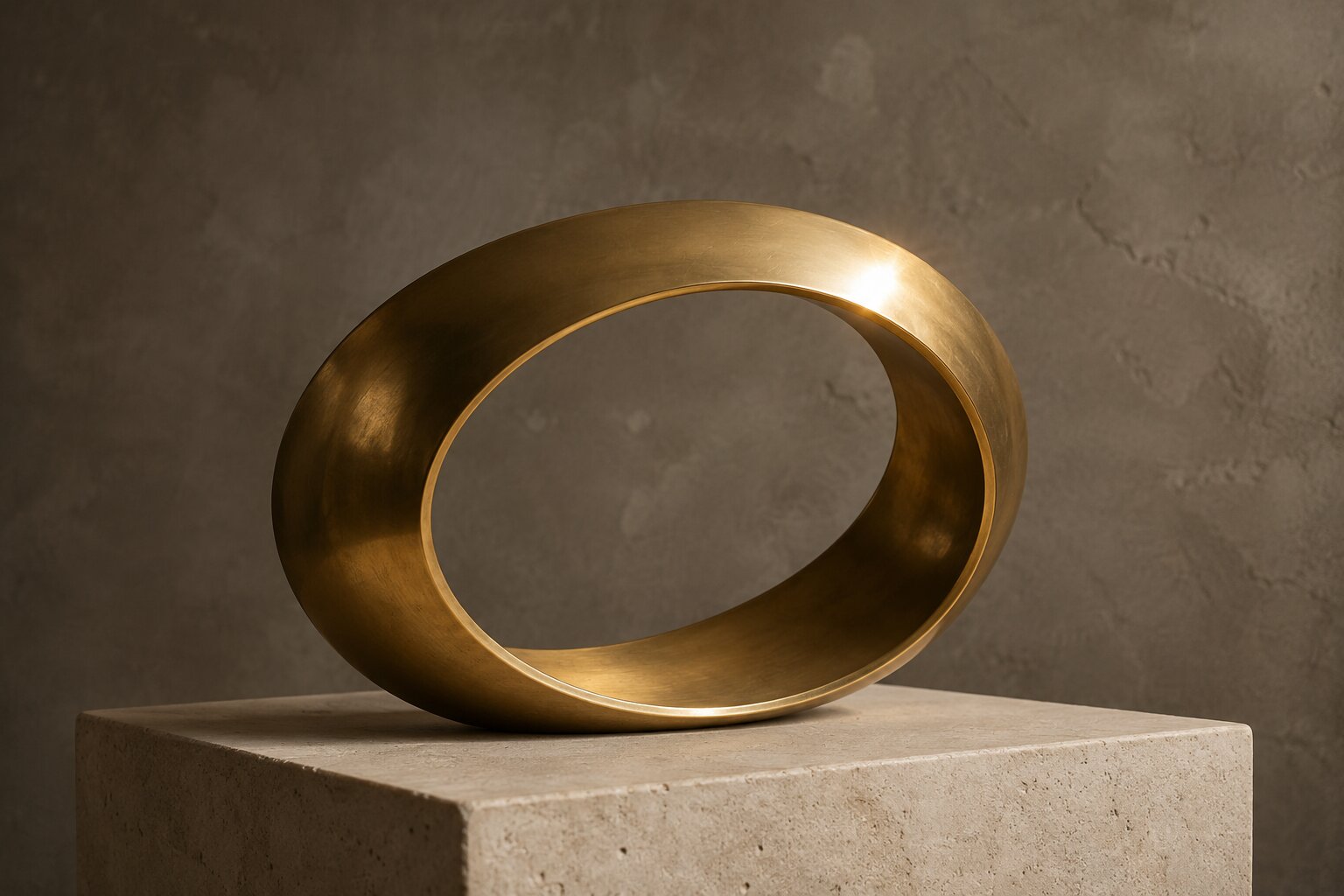 A polished brass loop sculpture on a stone plinth symbolizing audience return and repeated engagement