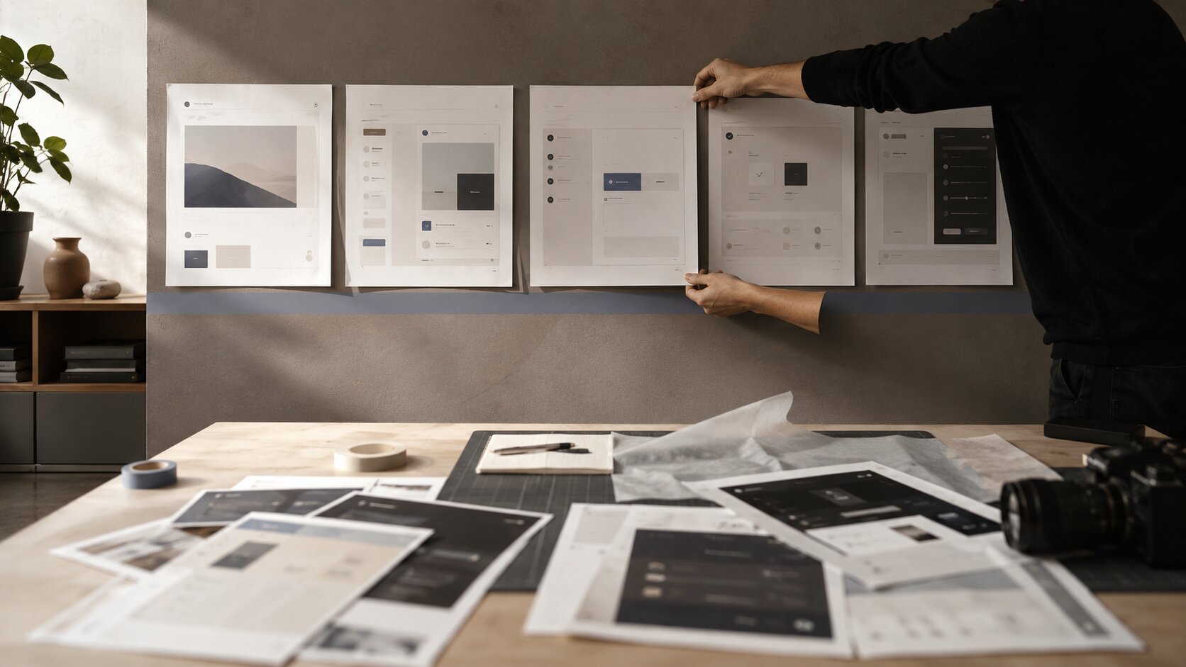 A designer arranges large interface printouts into a clear visual walkthrough on the wall of a contemporary creative studio.
