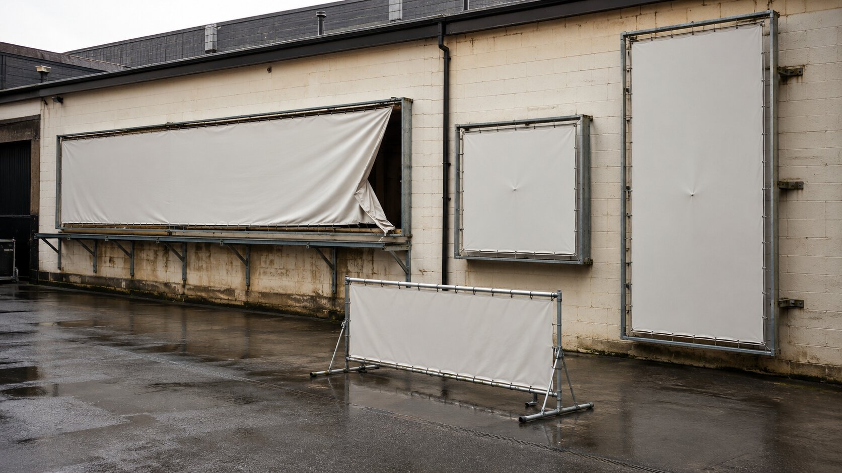 An outdoor campaign installation yard shows wide, square, and vertical mounting structures prepared for correctly sized blank panels while one wrongly proportioned panel fails to fit, showing why destinations must be defined early.