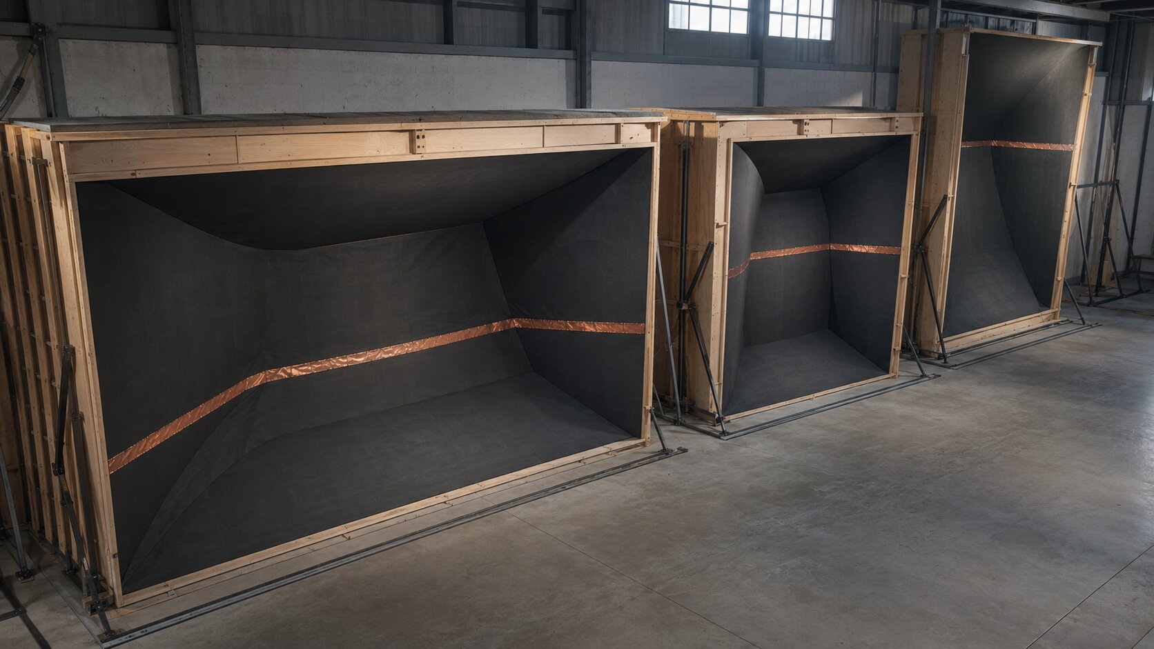 A working soundstage contains three differently proportioned campaign sets that preserve the same copper repair seam, representing deliberate recomposition for each publishing format.