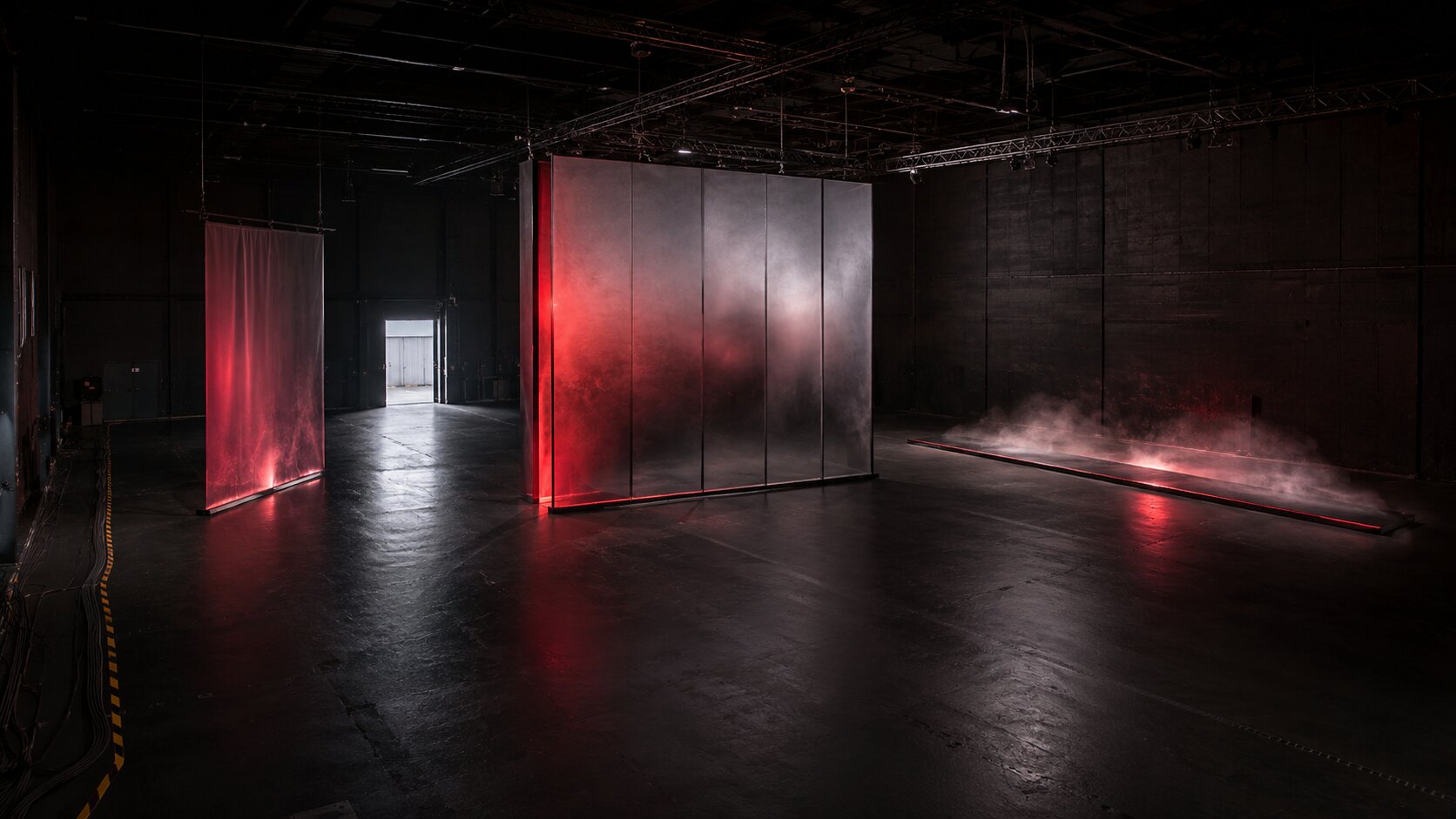 An empty production soundstage uses one red-lit material language across several distinct set zones, showing how a campaign can stay recognizable without repeating one composition.