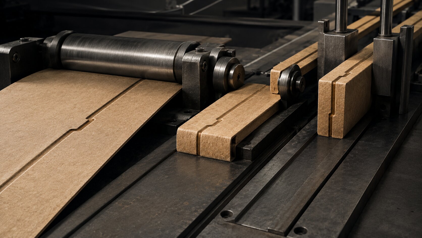 A continuous kraft fiber sheet keeps one precise reference groove while mechanical folds reshape it into different proportions, representing one verified support answer adapted across multiple help formats without changing its core guidance.