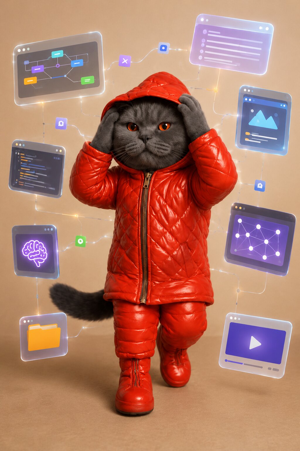 Cat surrounded by too many app windows