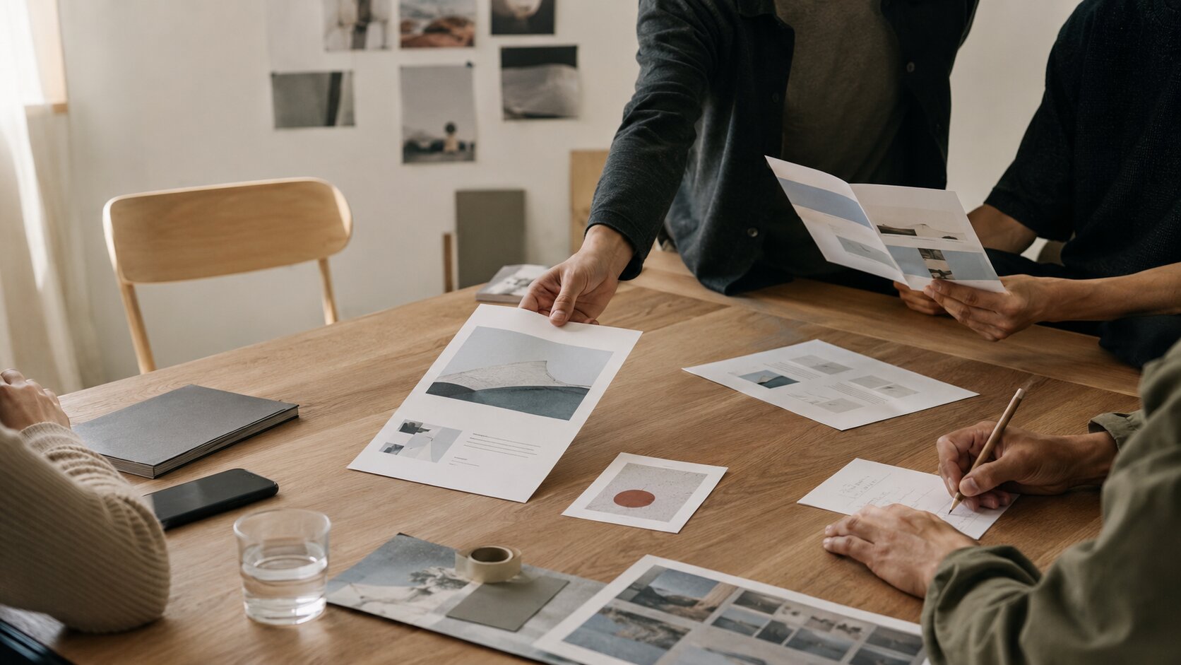 Several people around a creative meeting table work from one concise set of printed materials while an empty chair remains outside the discussion, showing how buyer enablement helps a prospect carry the product story internally.