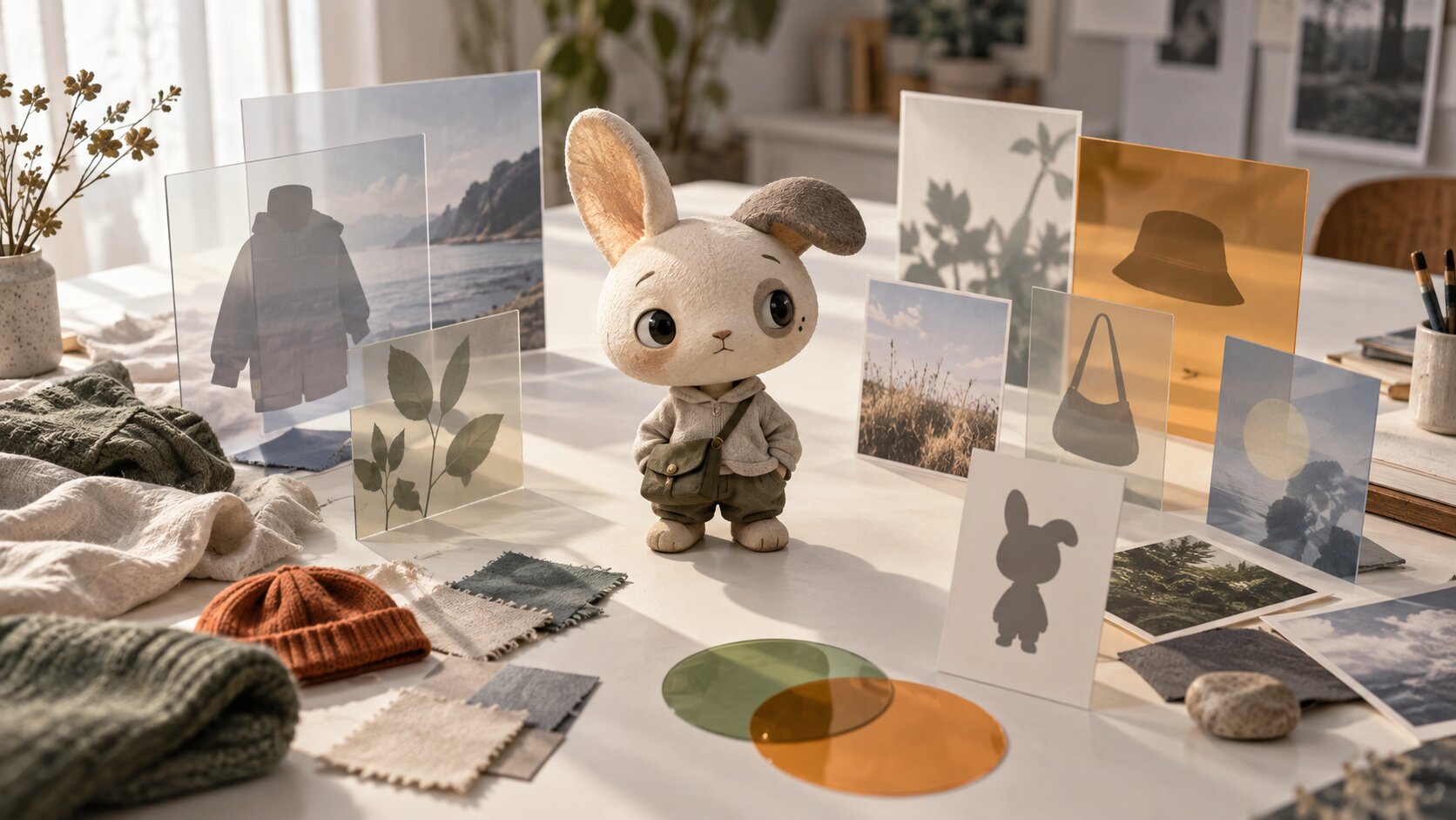 A handcrafted character maquette remains unchanged while translucent wardrobe, color, and scene layers surround it as interchangeable creative variations.