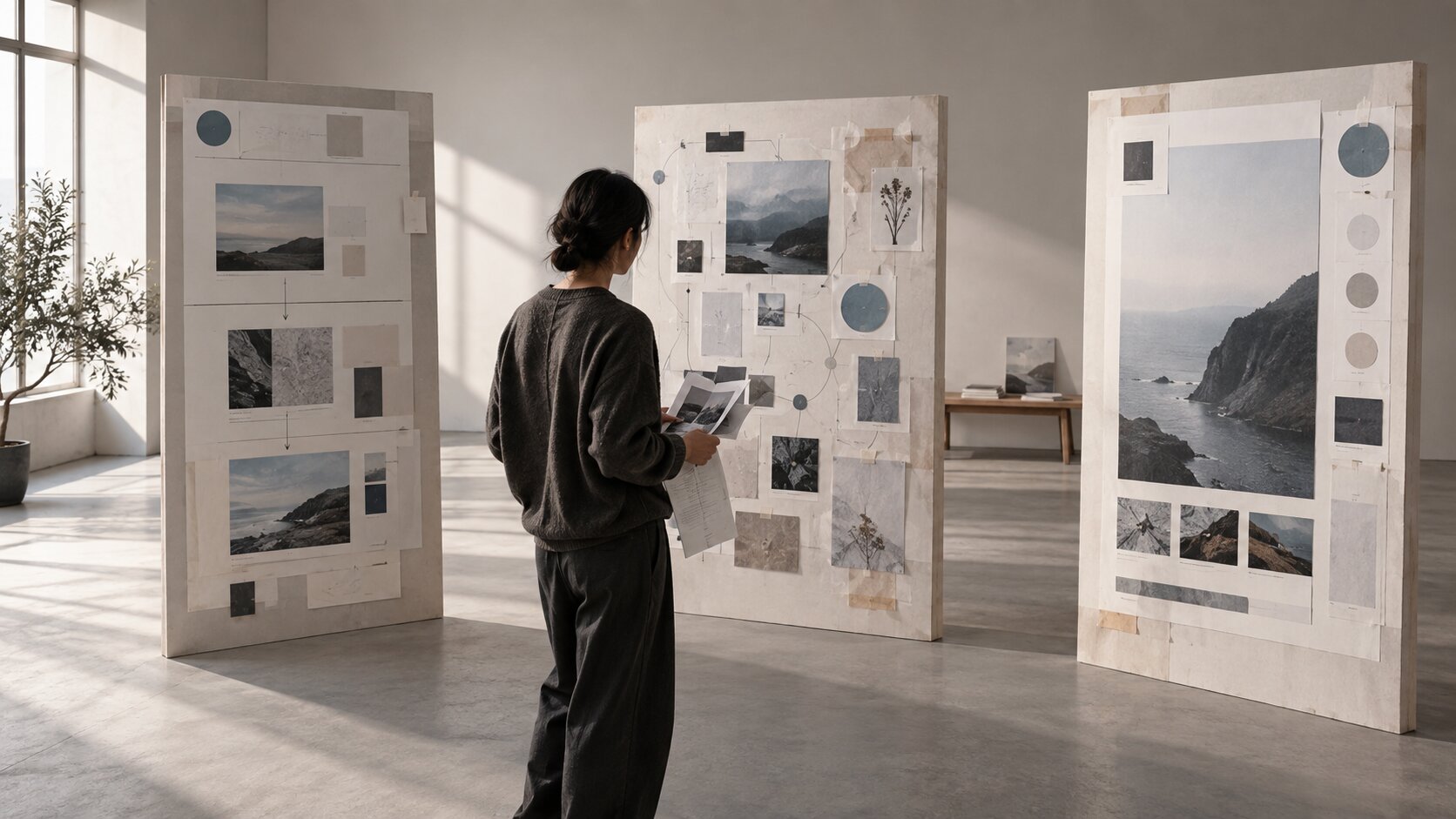 A creator stands between three life-size paper product concepts in a quiet studio, comparing possible directions before formal design.