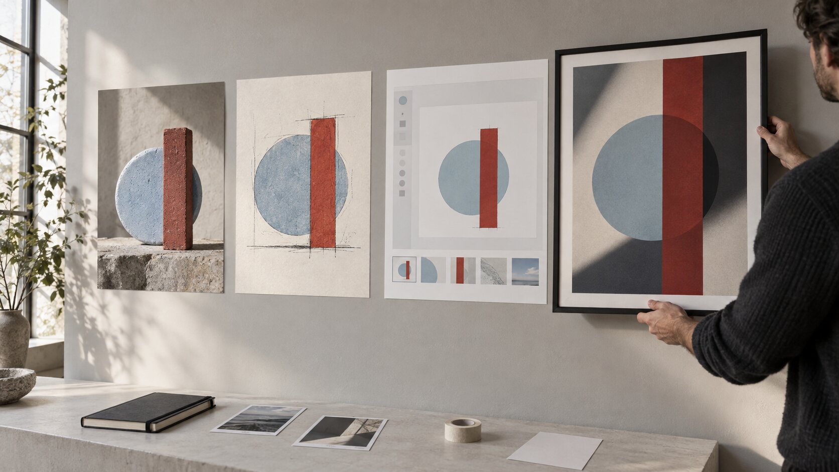 A creative director selects one visual treatment from four different interpretations displayed on a studio wall.