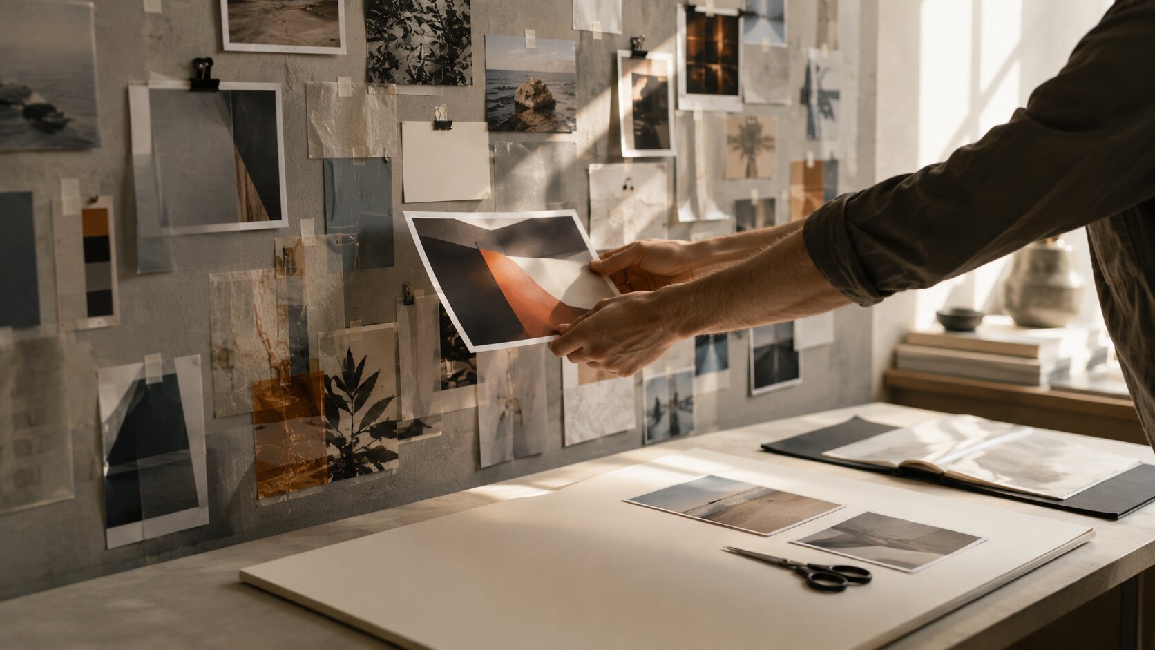 A creative director moves one selected image from a crowded wall of references onto a clear workspace prepared for production.