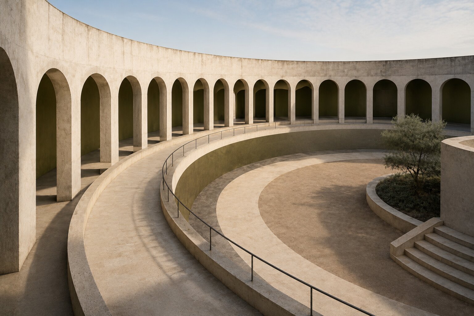 An empty architectural arcade with a curved return path suggesting a recurring content journey
