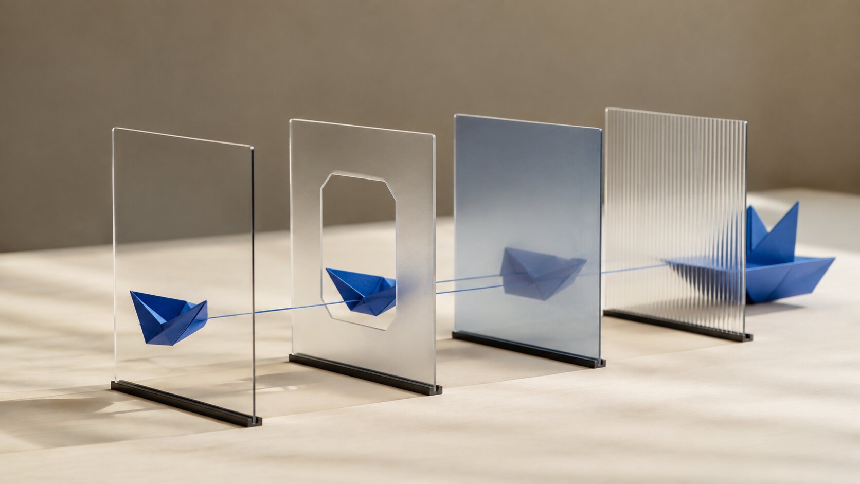 A sequence of translucent panels guides one colored paper form through a clear visual path, showing how a technical workflow becomes understandable when each step and boundary is visible.