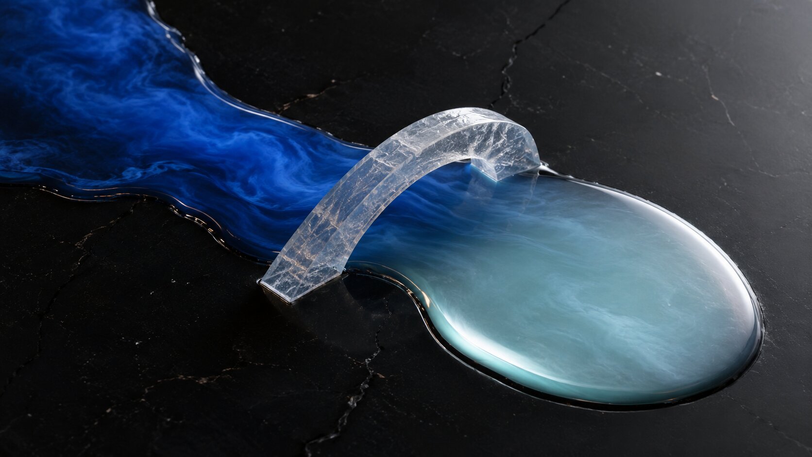 Clouded resin separating into one clear stable form after passing through a controlled material transition