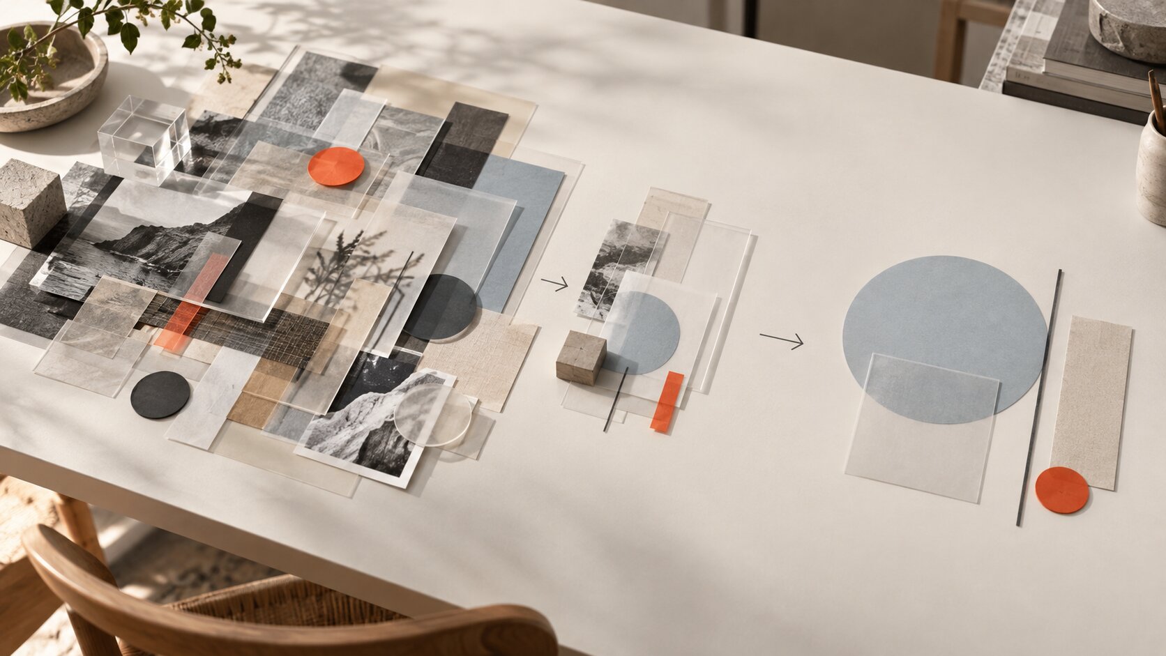 A layered arrangement of translucent information cards gradually becomes one clear visual composition on a bright studio table.