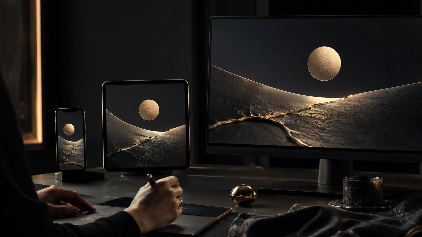 Consistent signature visual cues adapted across different creative asset formats