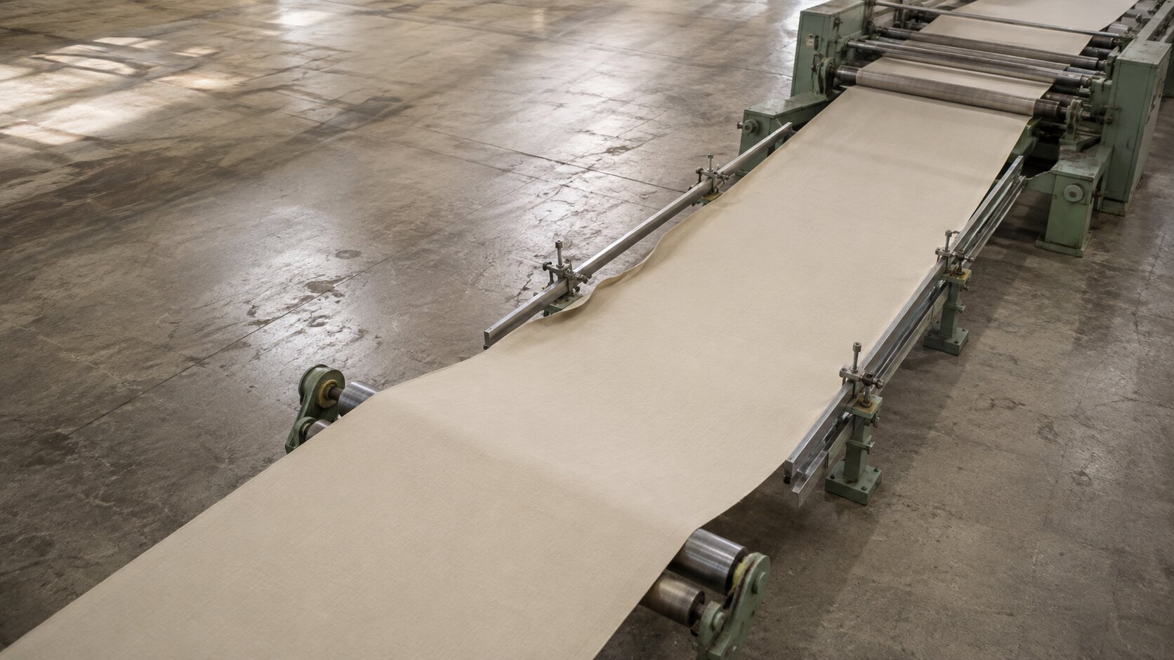 A textile production line introduces an alignment guide only where the fabric begins to drift, representing feature guidance appearing at the exact moment a user needs it.