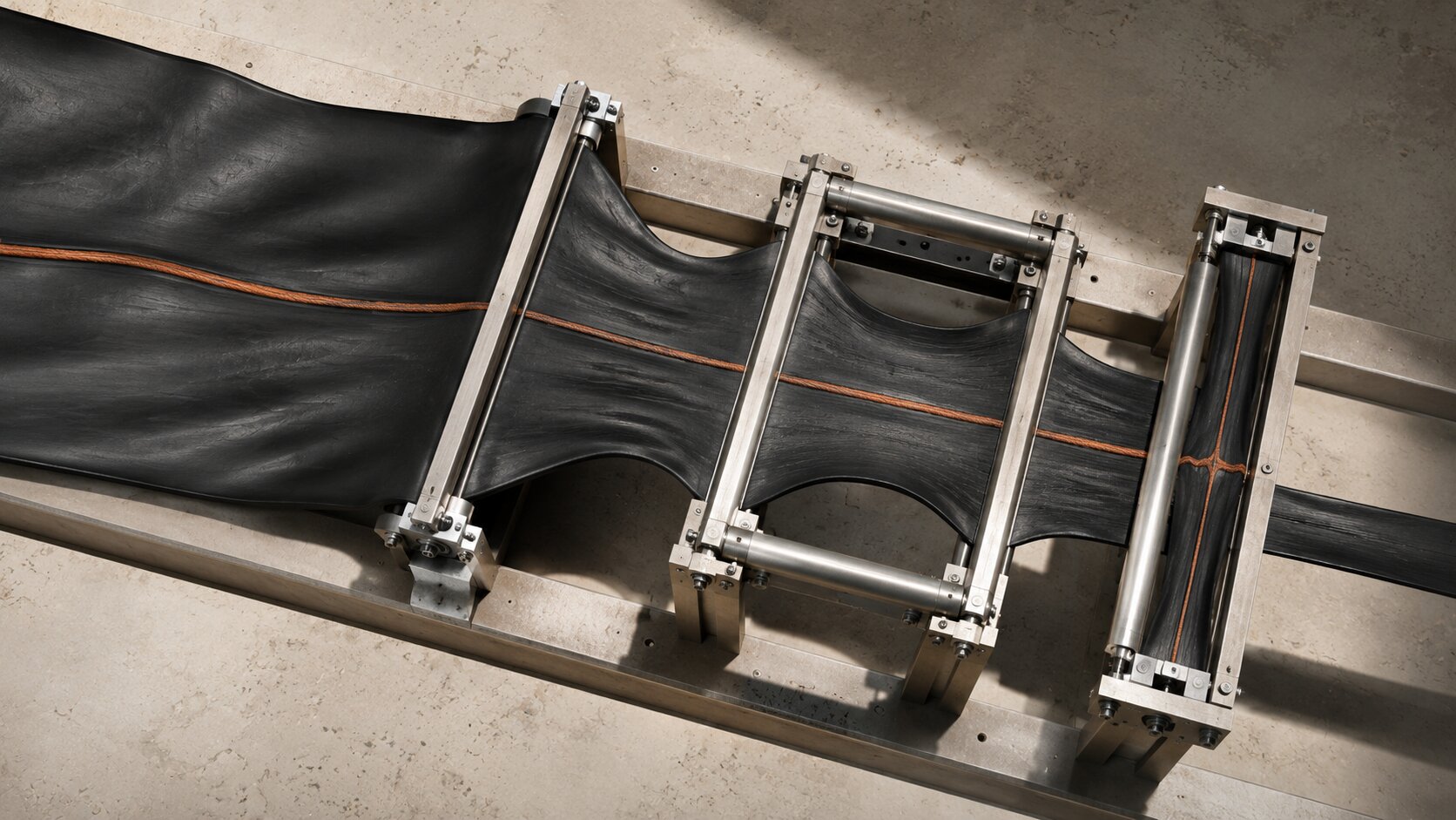 A continuous reinforcement cord stays aligned as a rubber membrane is reshaped through wide, square, and vertical frames, representing campaign adaptation without losing its core identity.