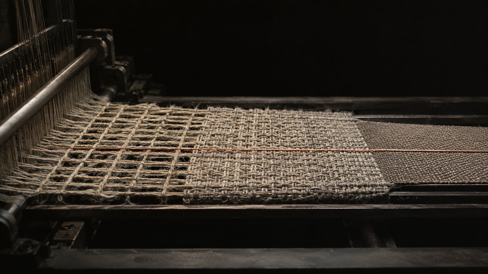 A continuous copper thread remains unchanged as one textile web shifts through open, structured, and compact weave patterns, representing the same verified sales story being adapted for a demo, deck and follow-up.