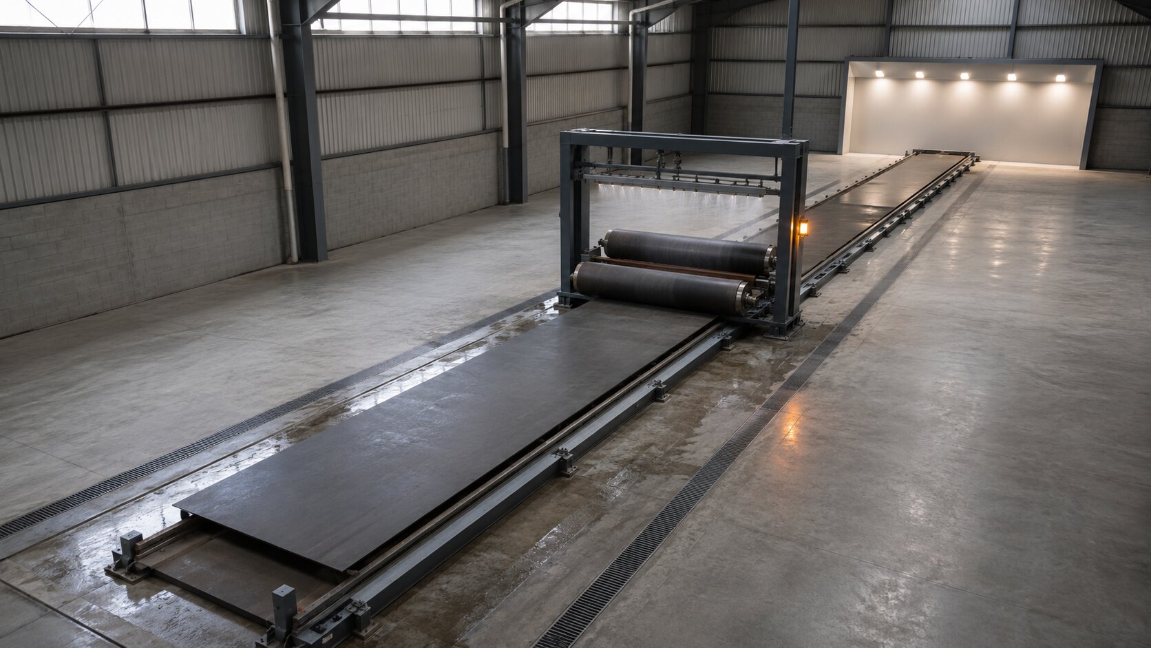 An empty industrial testing lane moves one product sample through controlled preparation, testing, and evidence-capture stages before campaign production begins.