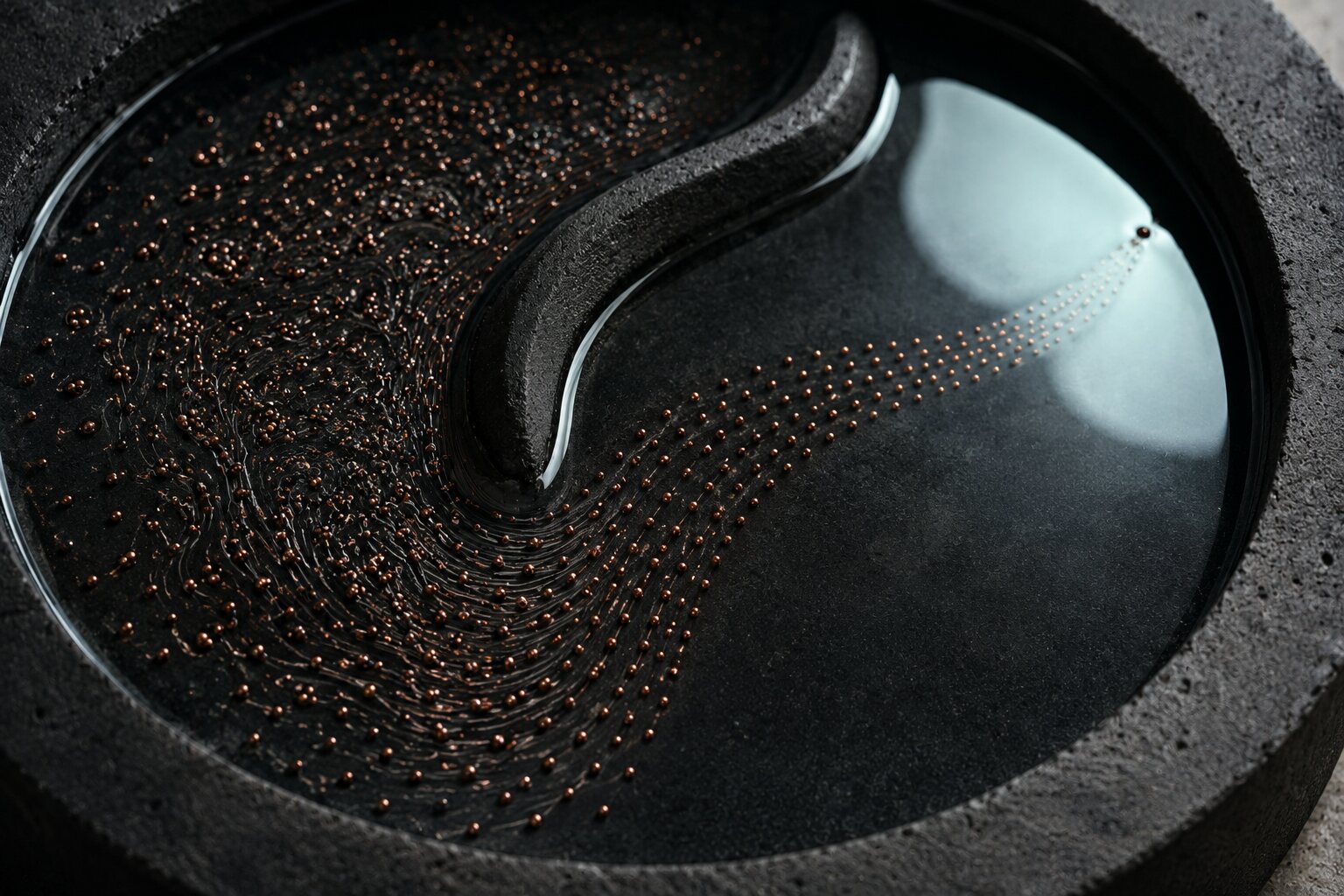 Abstract realistic scene of scattered copper particles aligning into one clear guided path