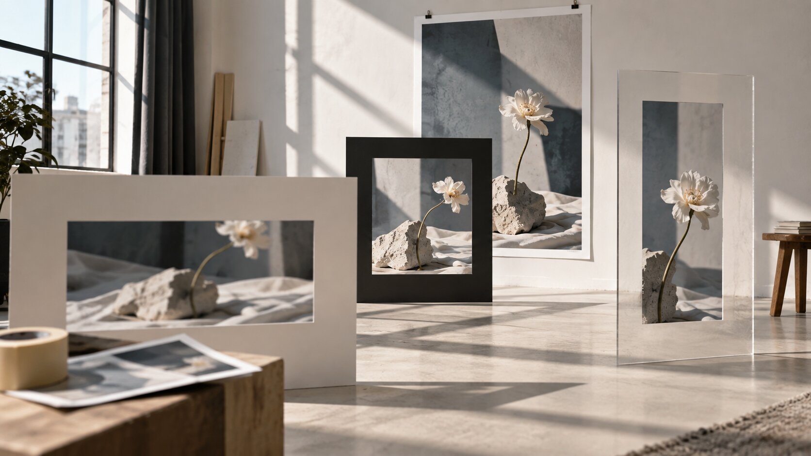 One large campaign photograph is viewed through several physical crop frames that reveal how the same asset works across different formats.