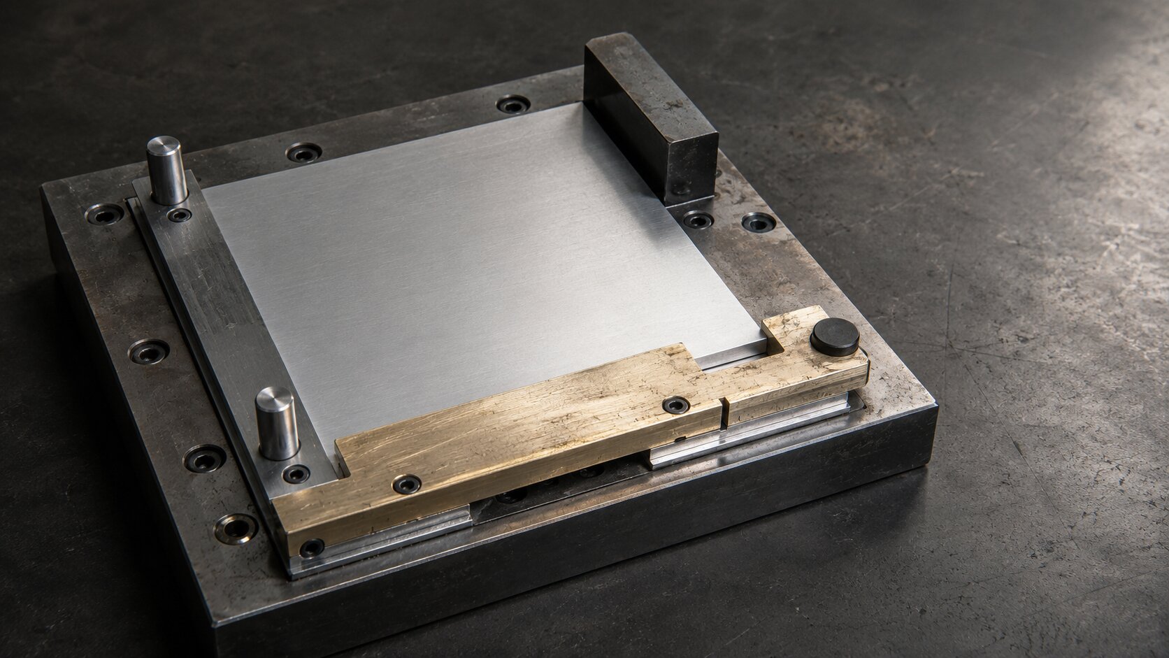 A precision clamping fixture holds one aluminum plate between fixed locating pins, an adjustable guide, and a blocked stop, representing creative requirements defined before AI exploration begins.