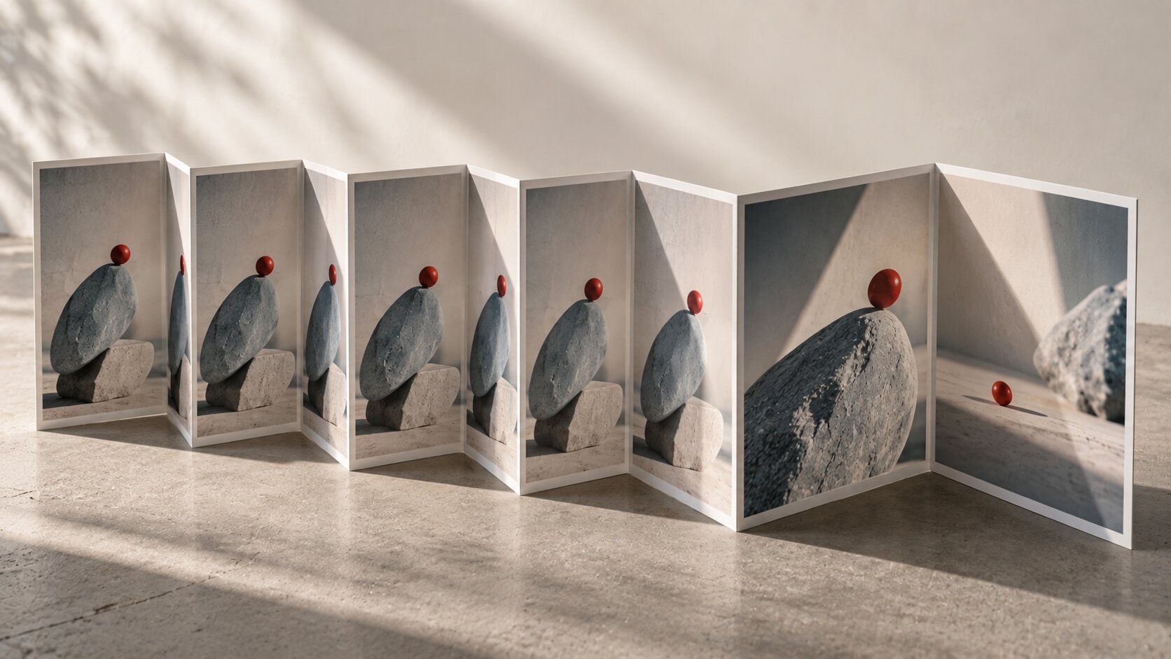 An accordion-fold campaign print repeats the same image several times before one fold opens into a fresh visual direction using the same creative identity.