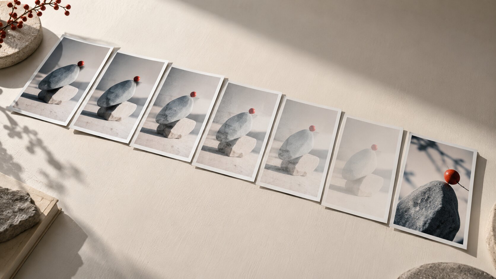 A sequence of repeated campaign photographs gradually loses visual intensity while one fresh variation keeps the same identity with a new composition.