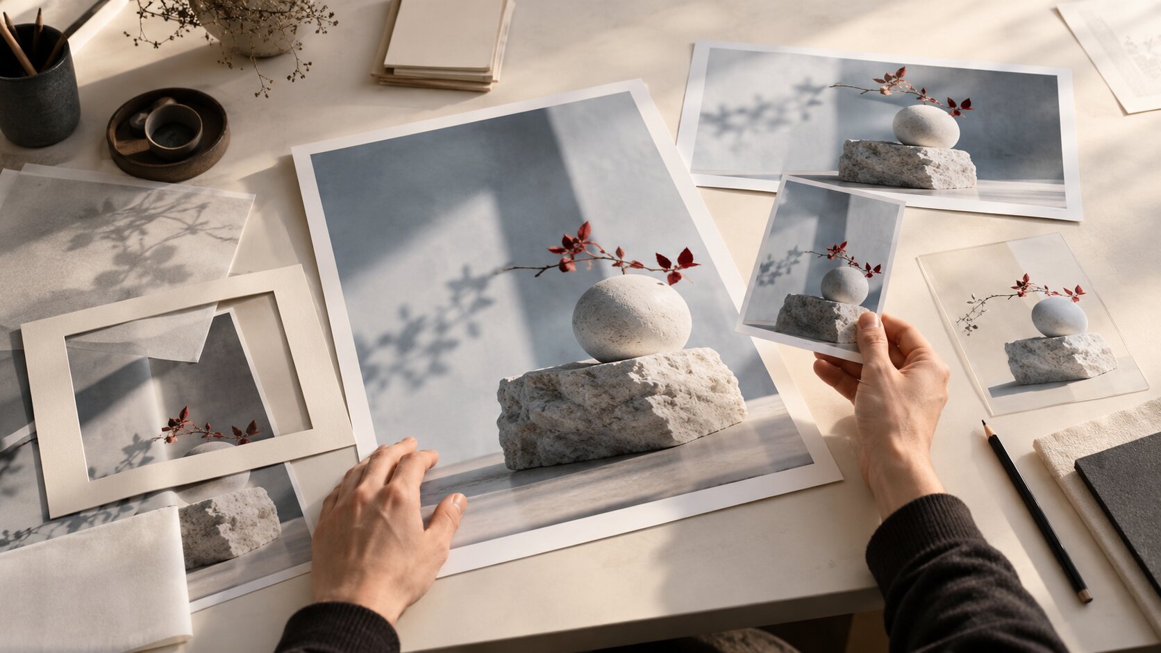 A creator prepares several versions of one campaign photograph for different publishing uses across a carefully arranged studio table.