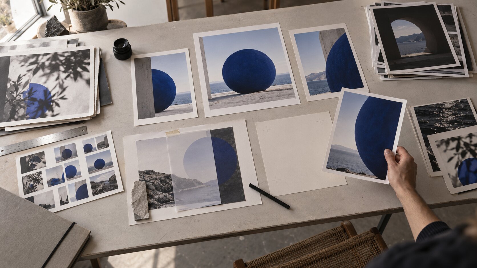 A well-used creative project desk with related photo prints, draft assets, marked selections and unfinished materials suggesting a fictional campaign that has developed over time.