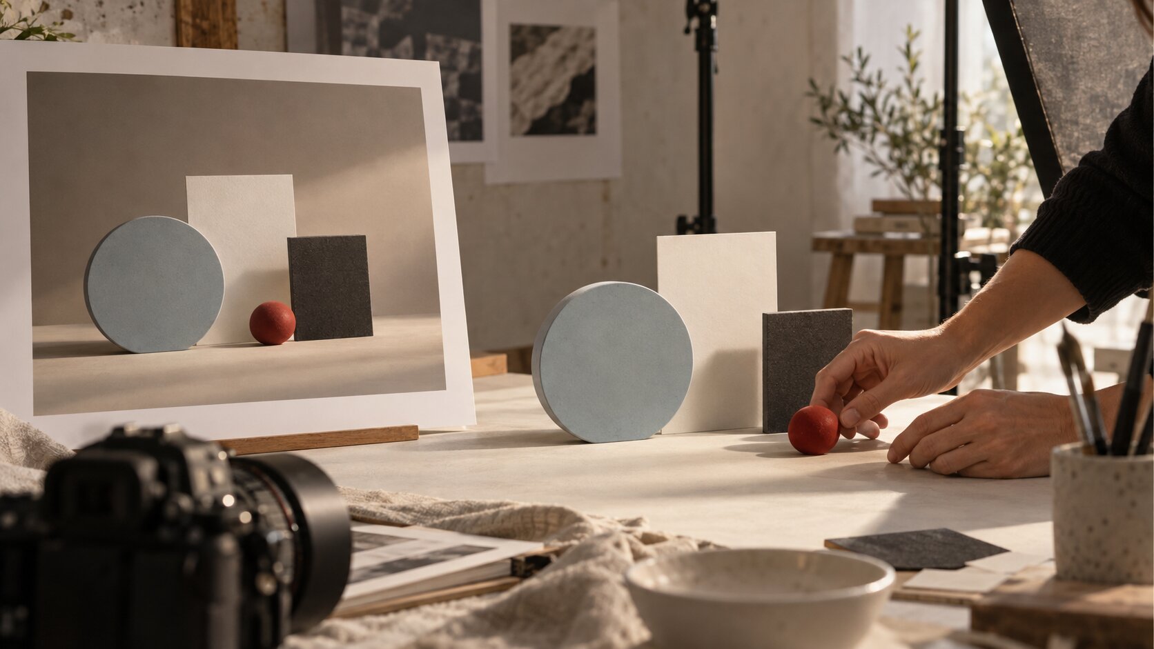 A photographer adjusts a physical still-life set to match an earlier reference photograph displayed beside it.