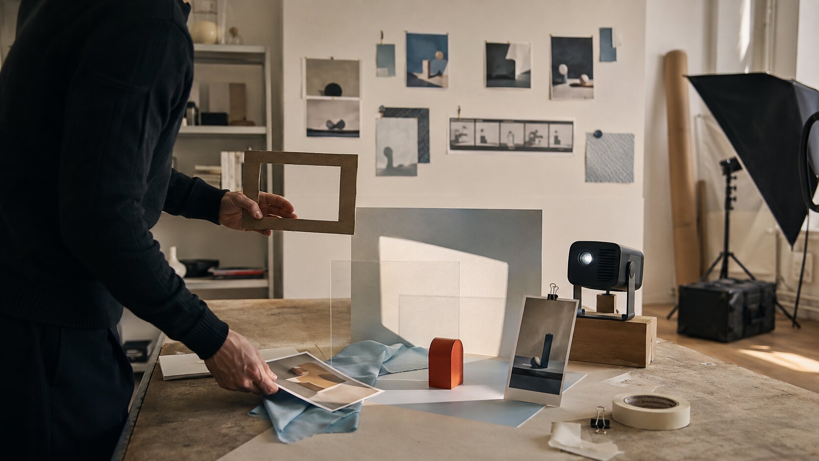A creative director tests a campaign idea with paper mockups, projected light and rough photographs while the full photography setup remains unused nearby.