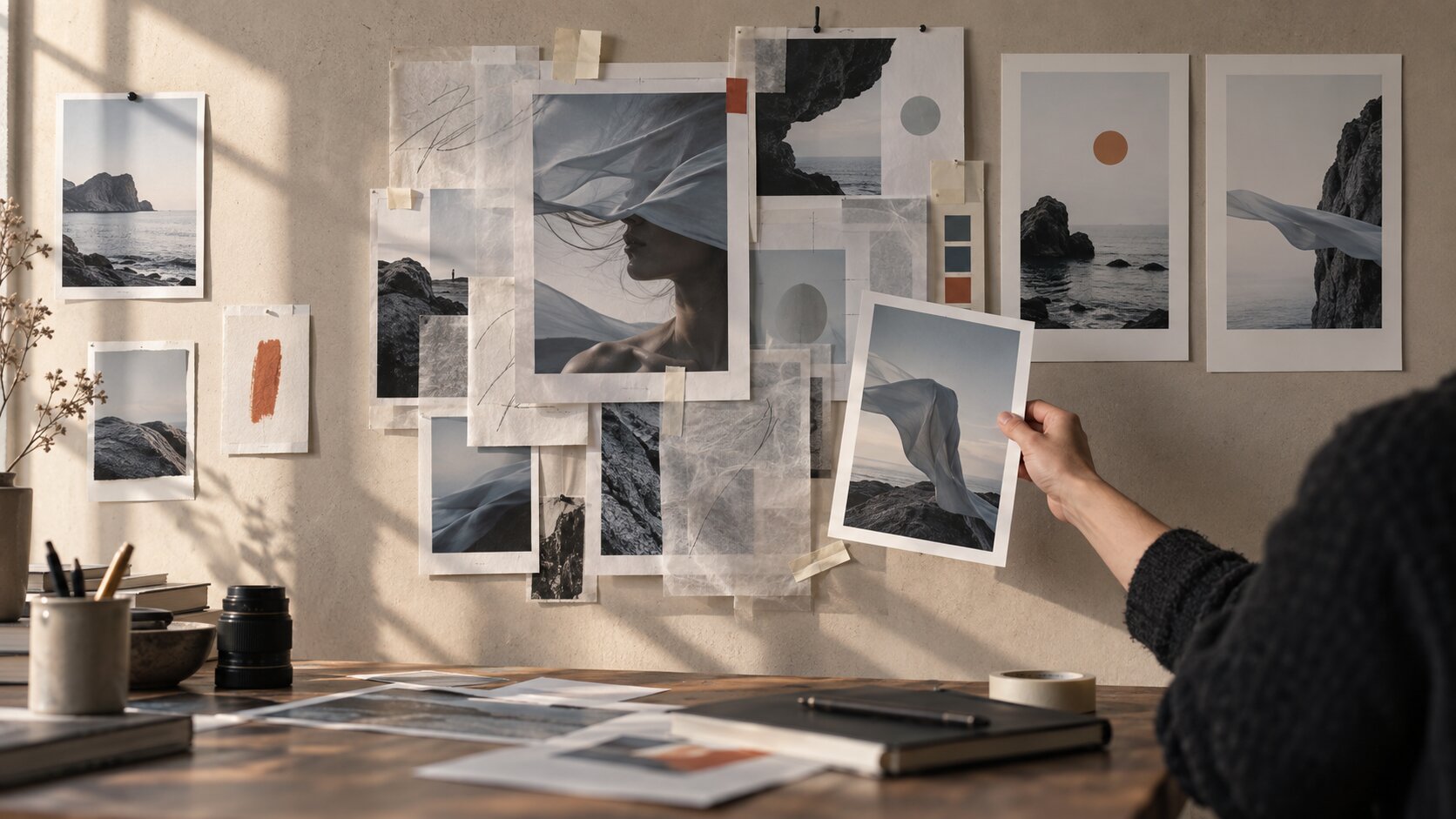 A creative studio wall shows many finished visual studies waiting in one review area while only a few approved assets have moved into a clean final set.