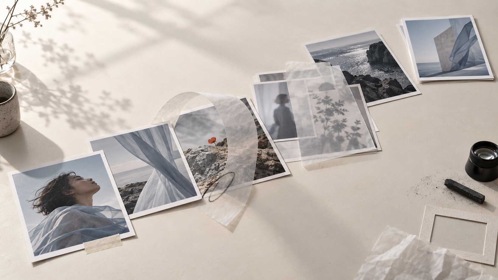A sequence of photographic prints moves across a studio table while one image loops backward into review and several finished pieces collect at the far end.