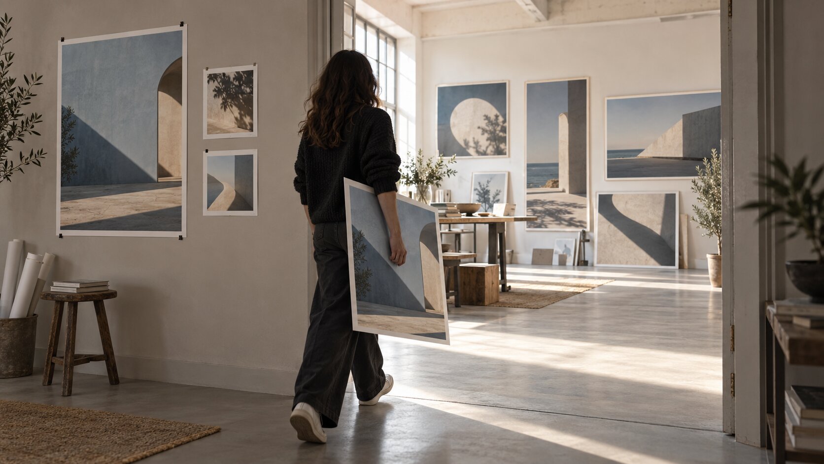 A creator carries a campaign print through an open studio doorway where the same visual idea continues into a larger family of finished creative assets.