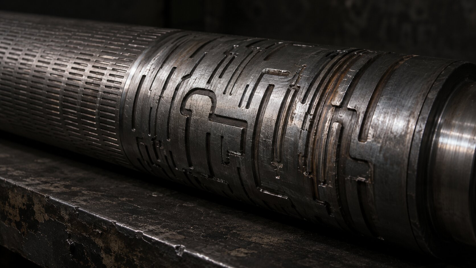 A worn steel embossing cylinder has its generic repeating pattern selectively machined into one distinctive asymmetrical groove system, representing deliberate editing that gives generated work a recognizable identity.