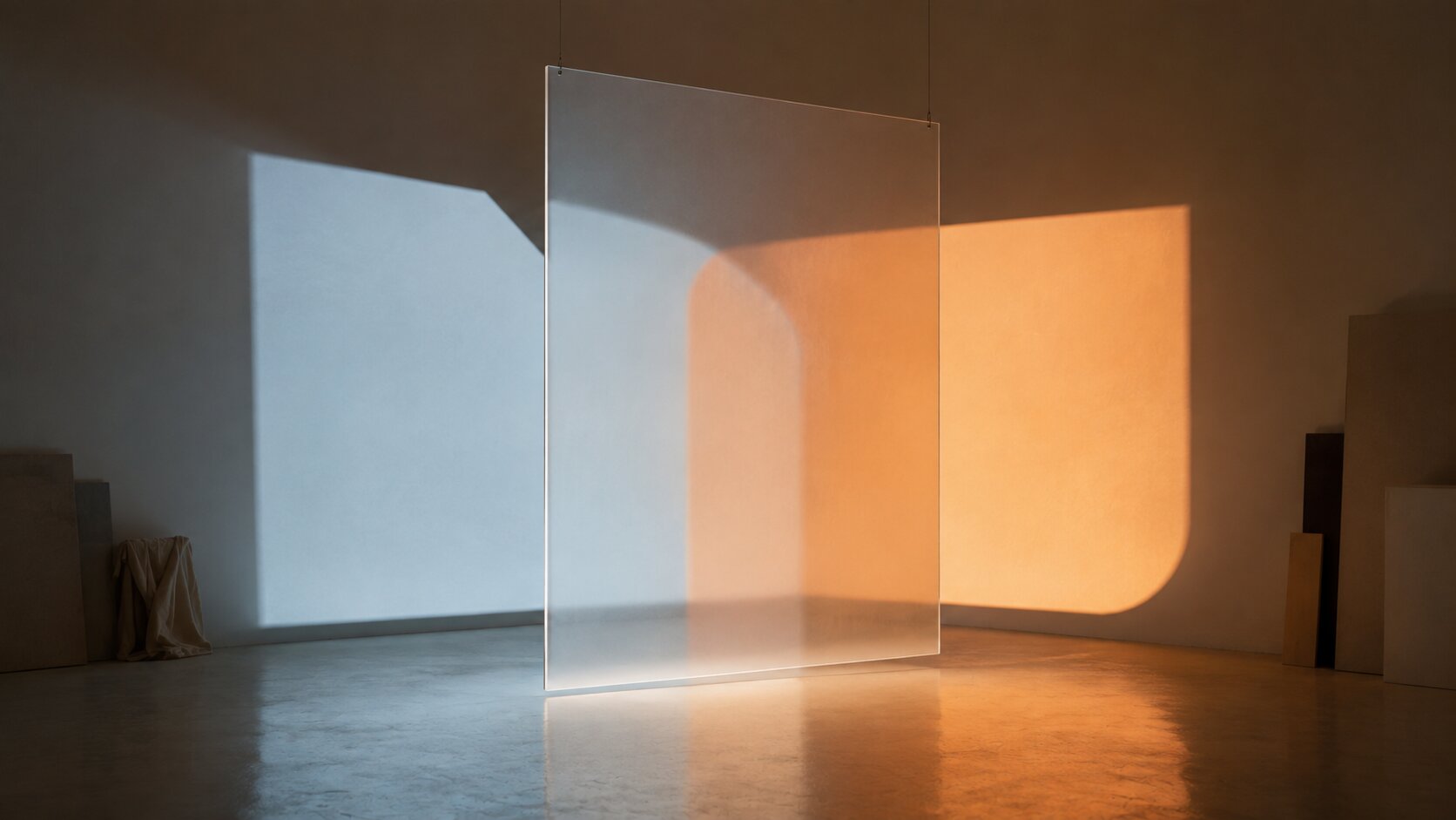 Two differently shaped fields of projected light stay distinct as they meet on one suspended translucent surface, representing two brands sharing a campaign without losing visual clarity.