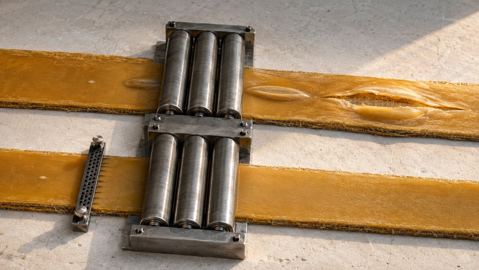 Two beeswax laminate lanes pass through the same compression rollers, but only the lane with an early venting gate avoids a small trapped pocket becoming a major downstream failure.