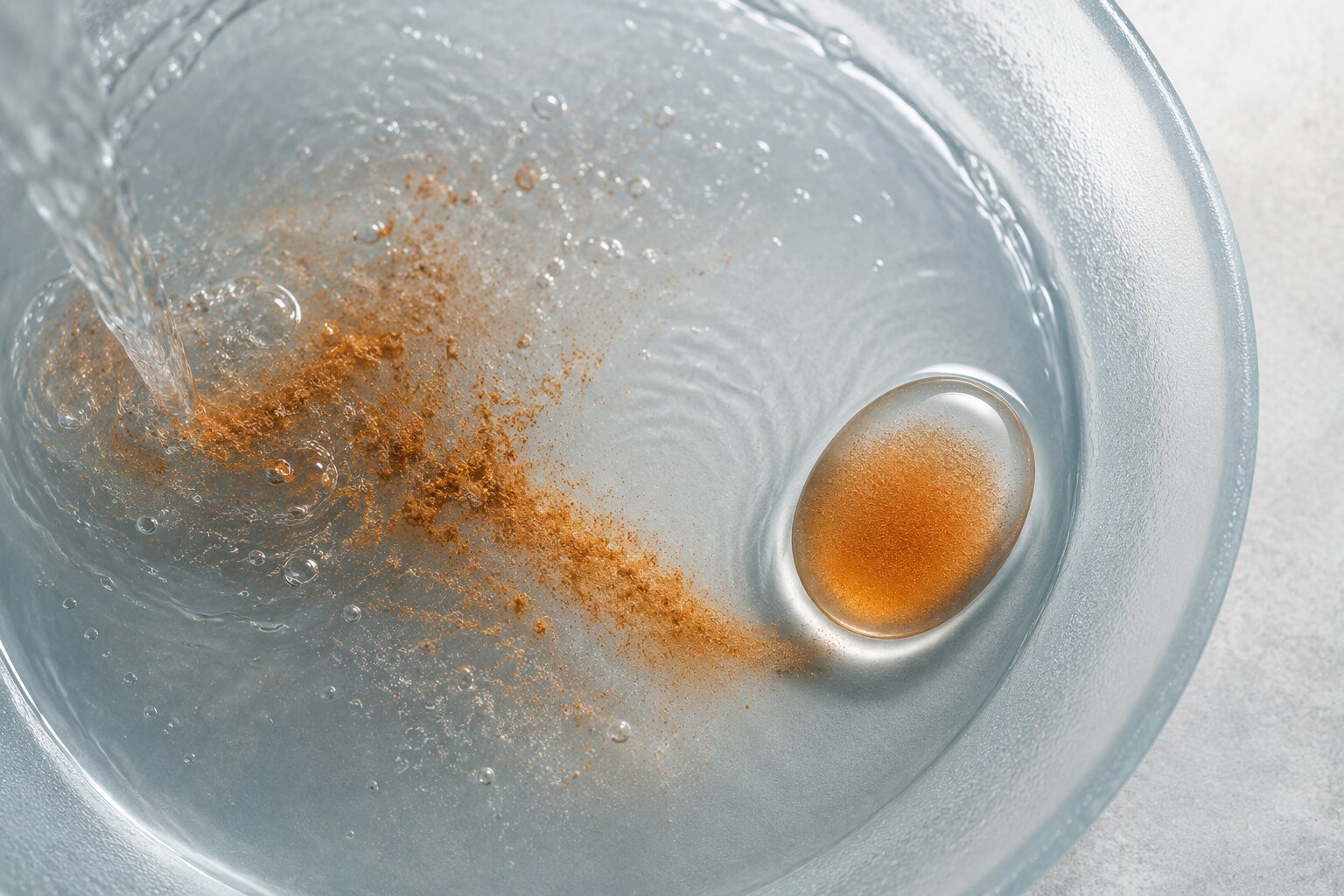 Abstract realistic liquid scene showing raw creative process separating into one clear finished visual form