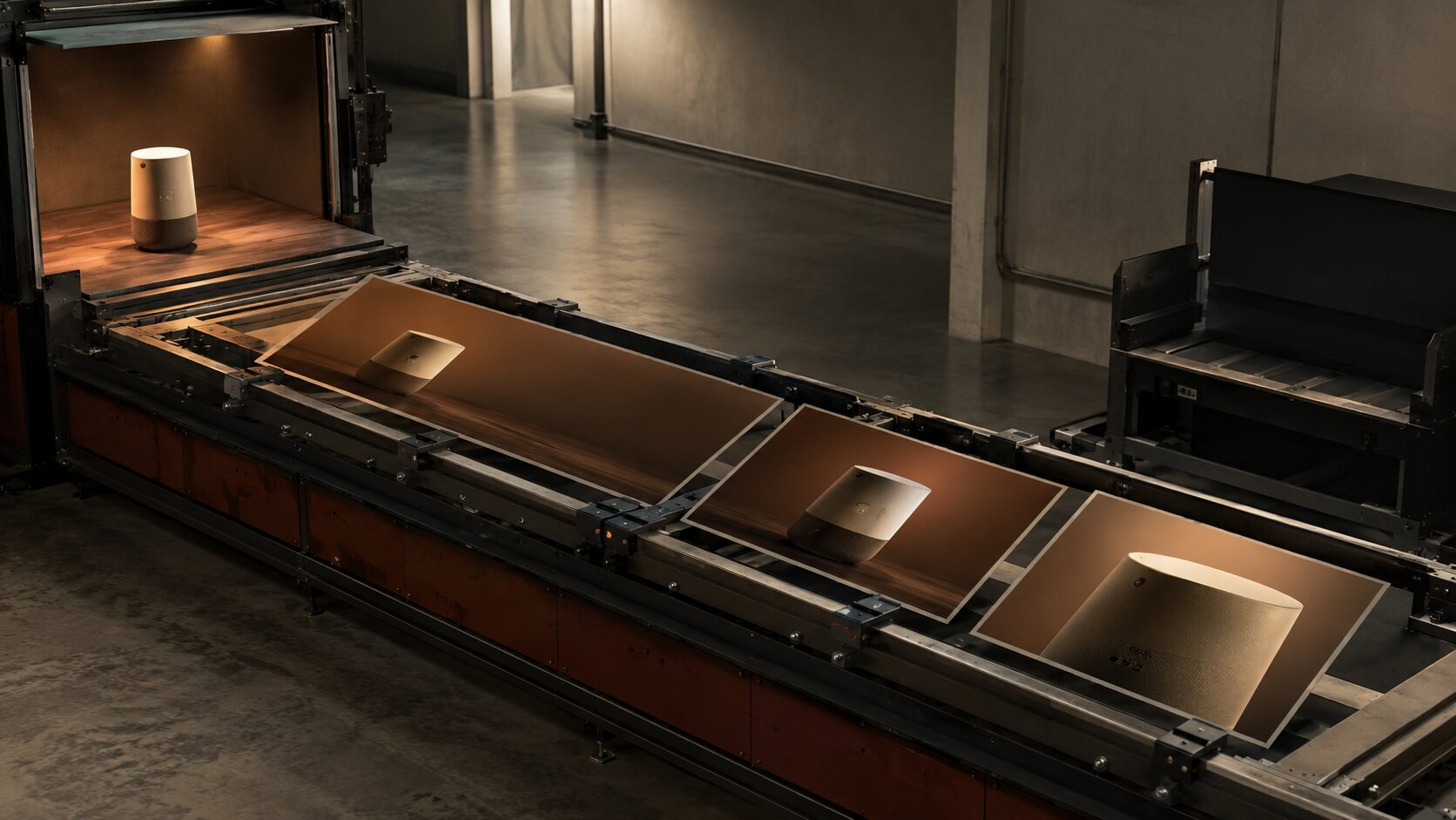 A compact production line turns one approved visual setup into several consistent email image formats, representing a connected campaign asset workflow instead of random one-off generation.