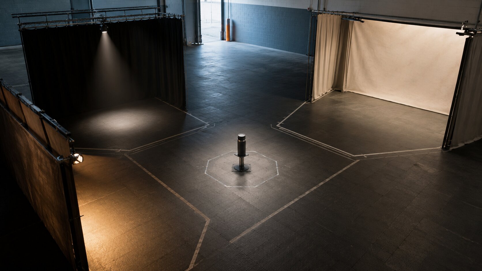 An empty physical testing bay compares three controlled lighting and framing conditions around one fixed campaign subject, representing meaningful ad testing rather than random visual changes.